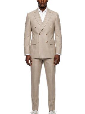 Premium Tan Pinstripe Double Breasted Peak Lapel Stacy Adams Men's Suit